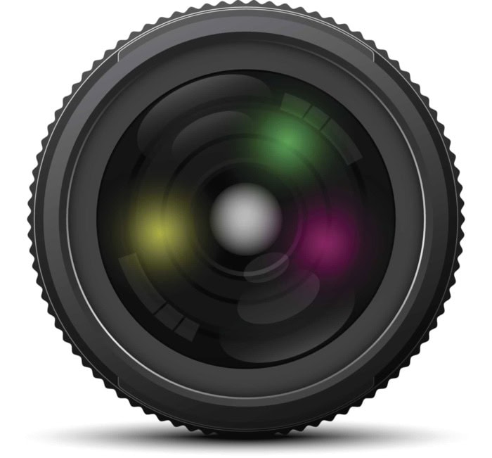 Close-up of camera lens showing detailed glass elements and focusing ring.