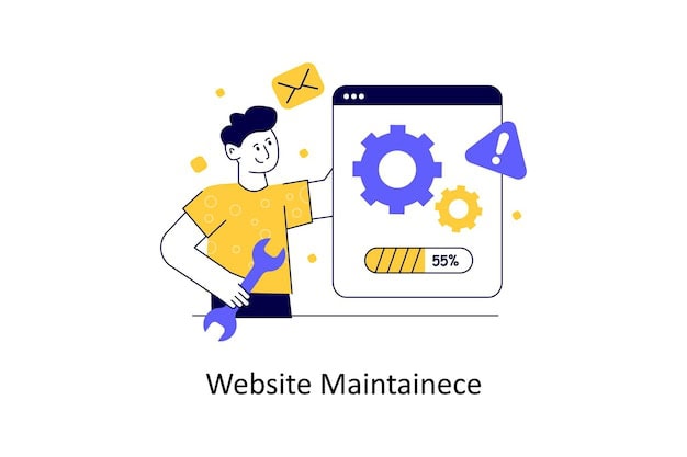 Website maintenance illustration showing gears and progress bar for site performance.