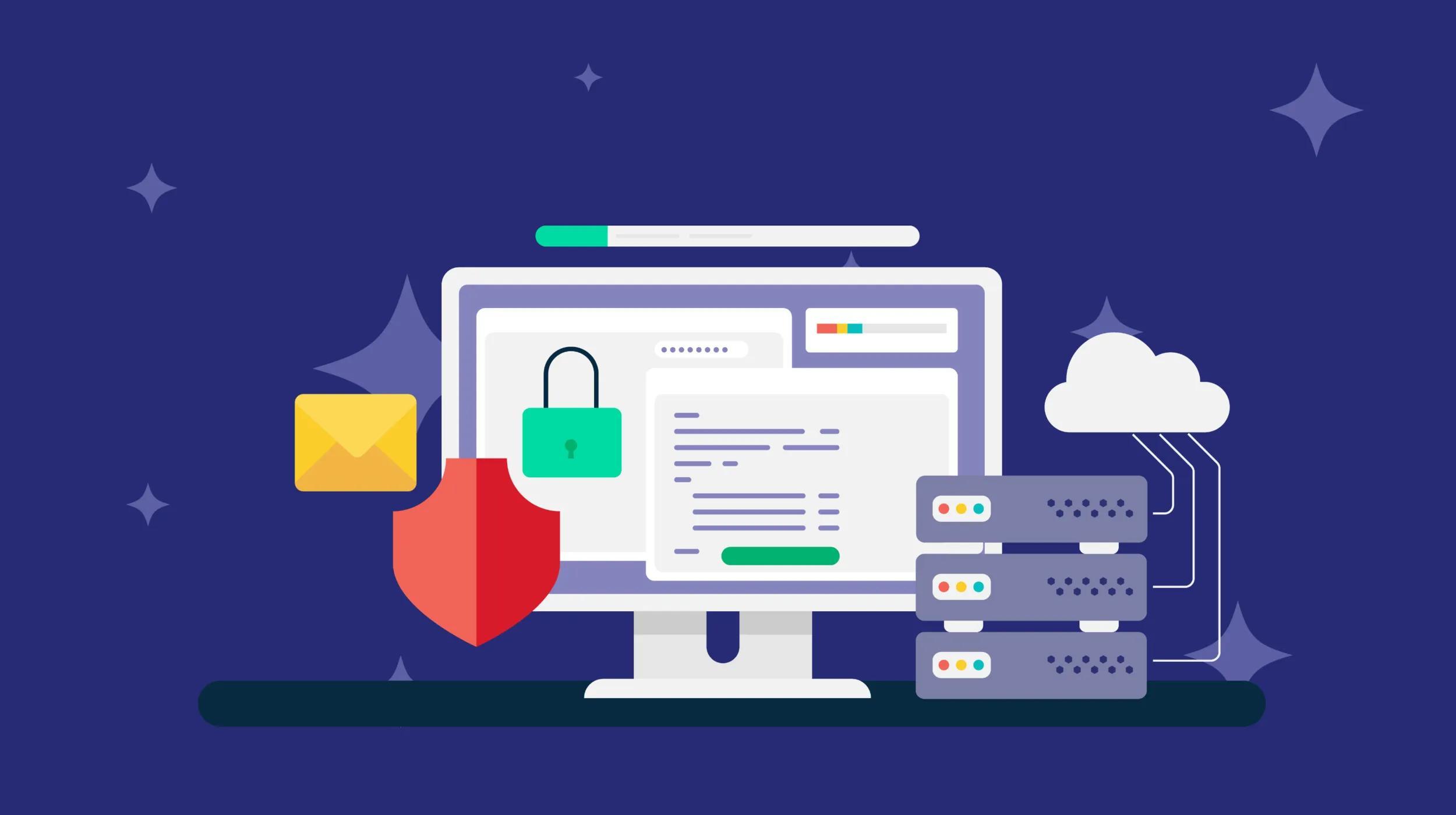Managed hosting concept with security and cloud technology elements.