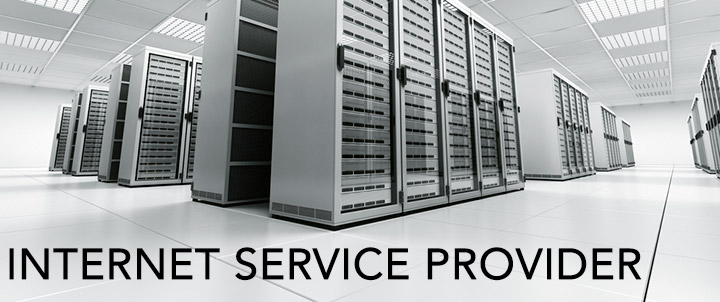 Rows of server racks in a bright data center, with 'INTERNET SERVICE PROVIDER' text overlay indicating network infrastructure.