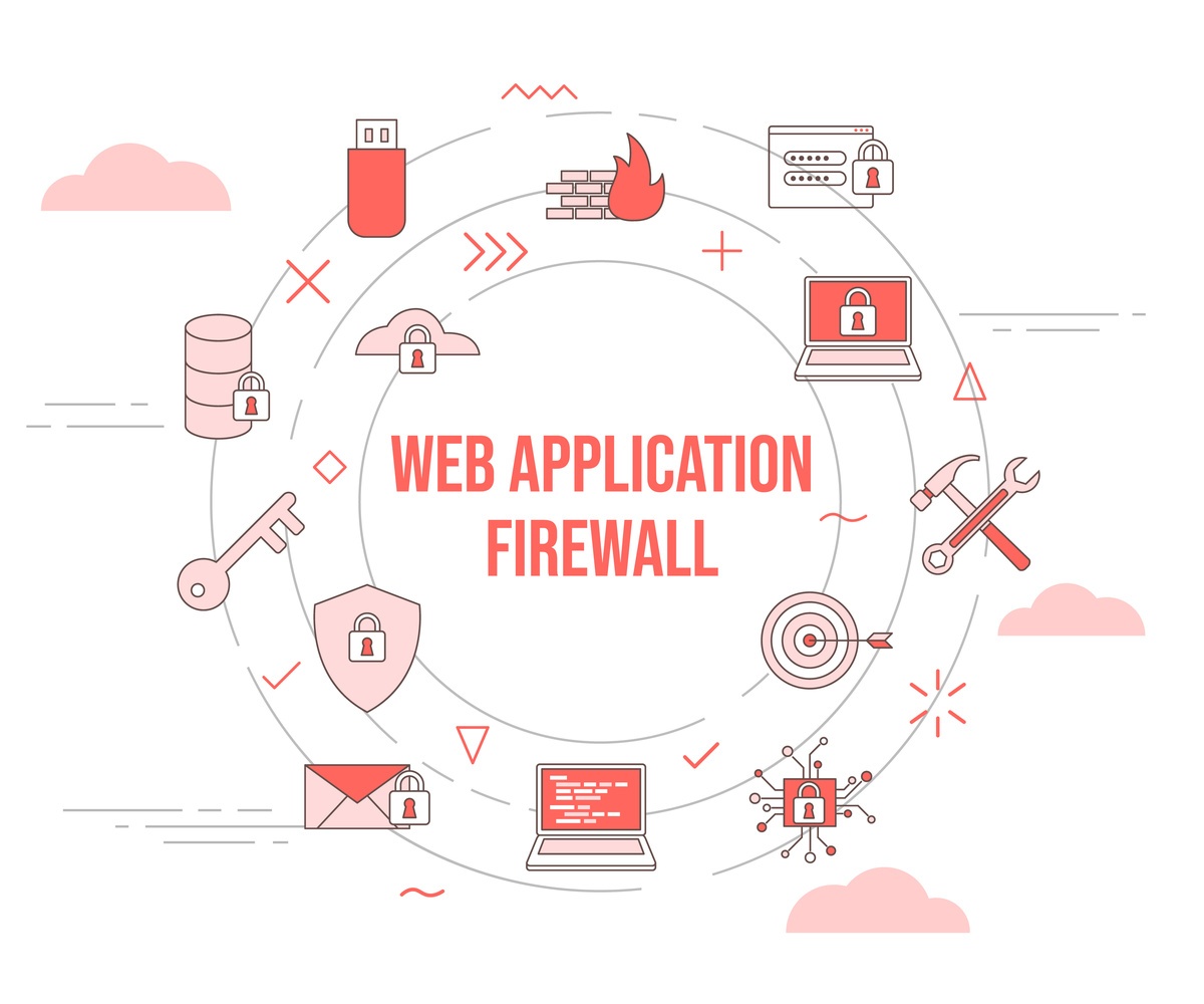 Illustration of web application firewall protecting online data and systems.