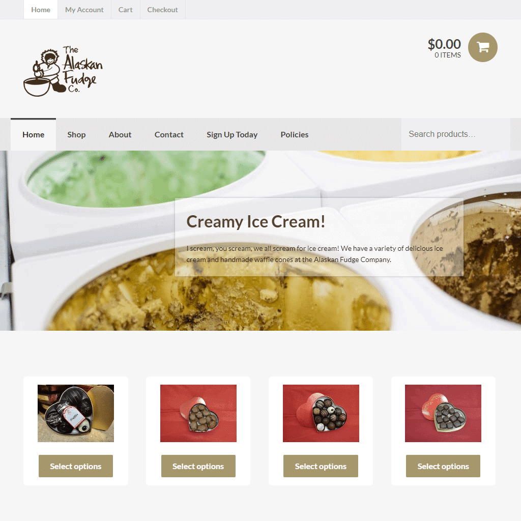 Delicious handmade Alaskan Fudge Company ice cream with variety of flavors and toppings.