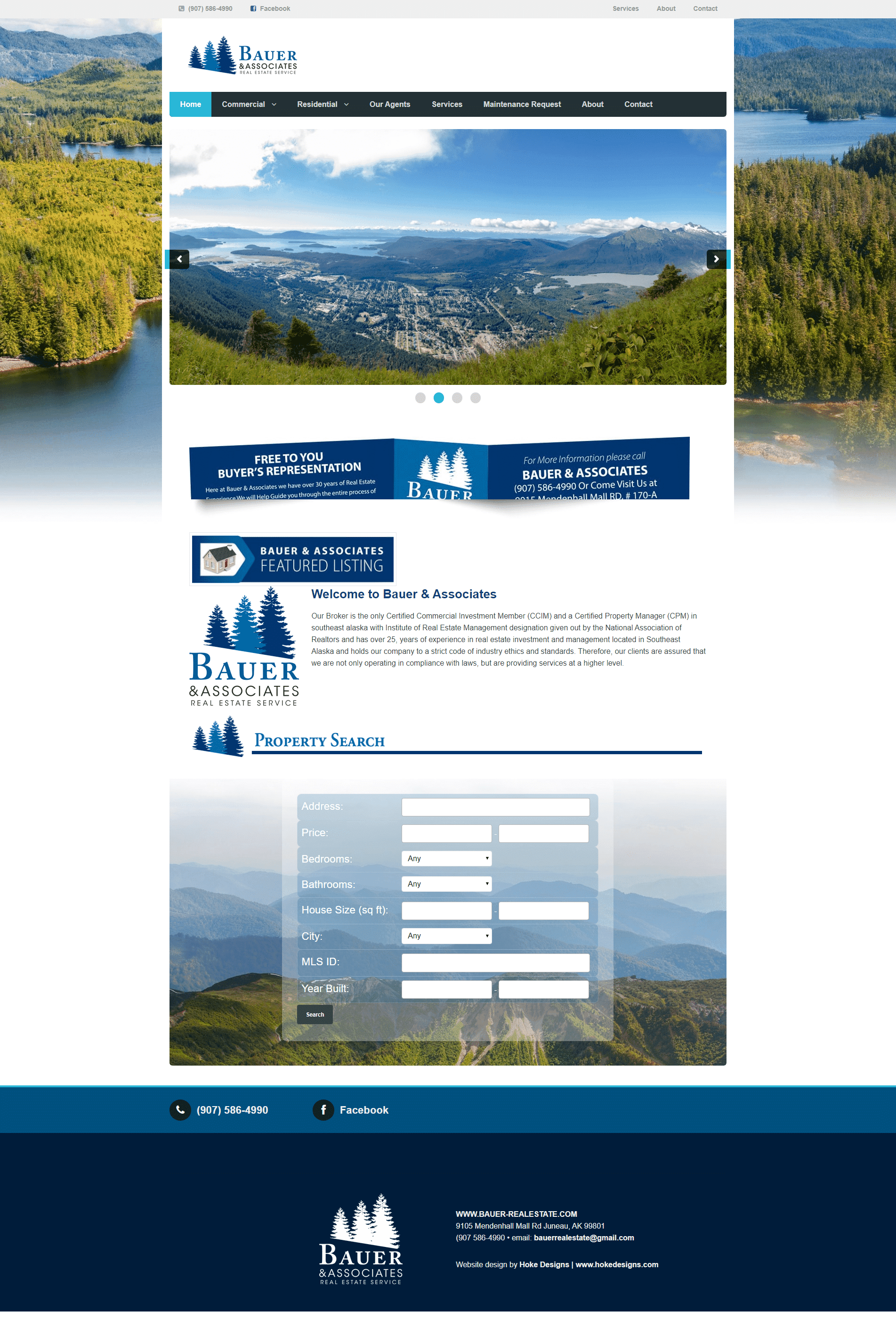 Scenic mountain landscape real estate listing with property search.