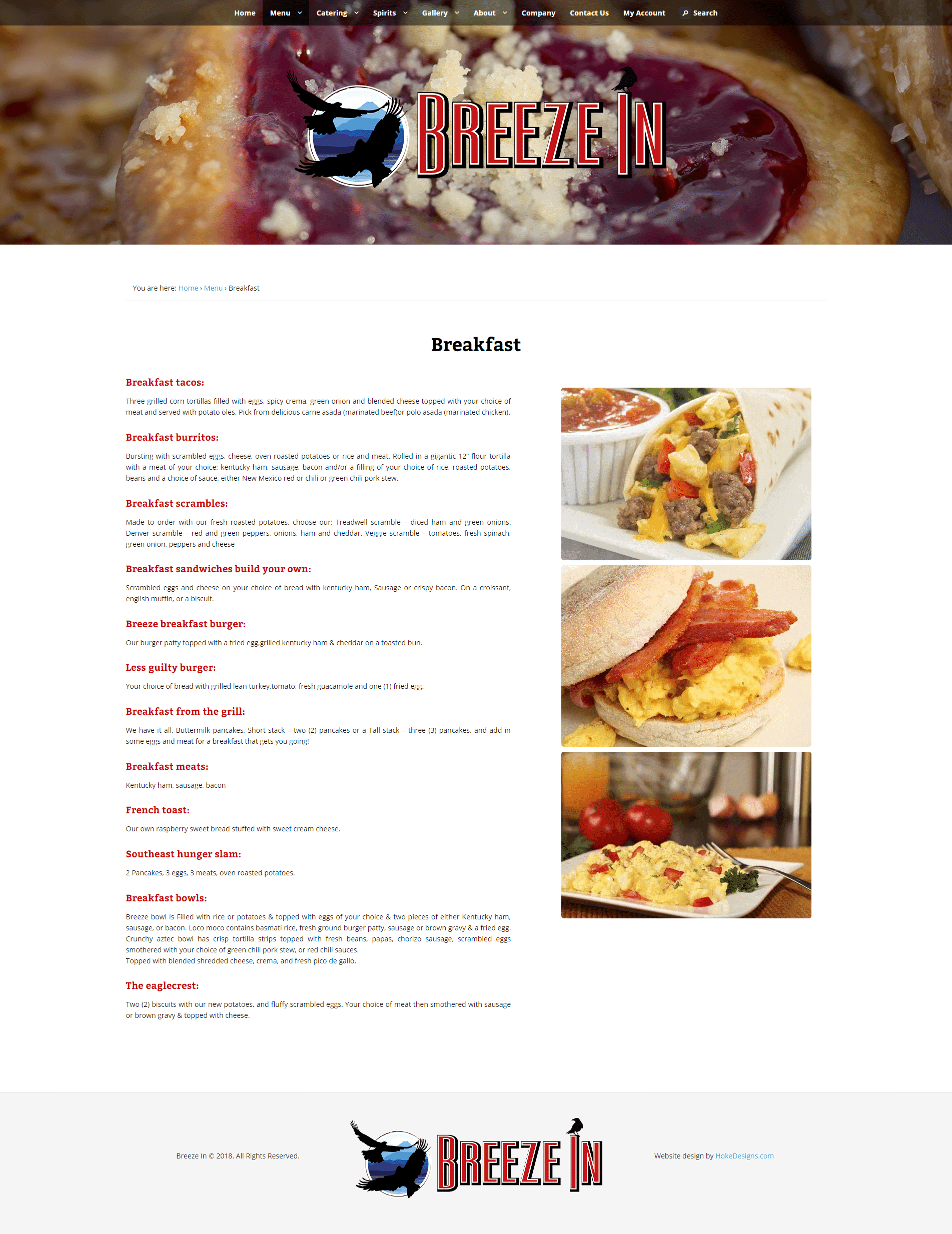 Breakfast menu with local breakfast options and hearty American favorites.